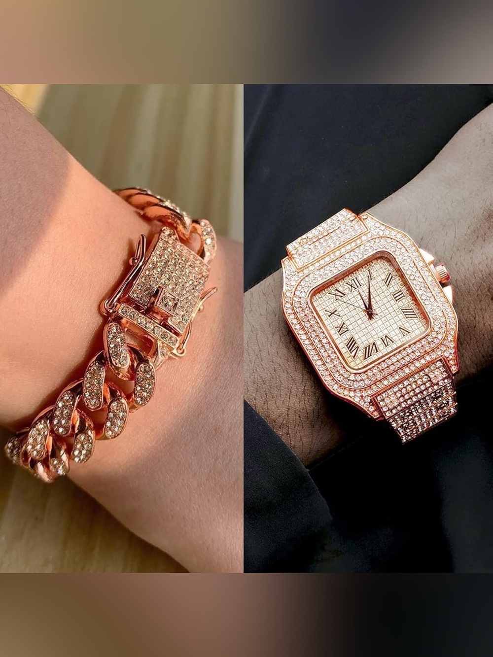 Unisex Luxury Gold Iced-Out Watch & oBracelet Set - Rose Gold